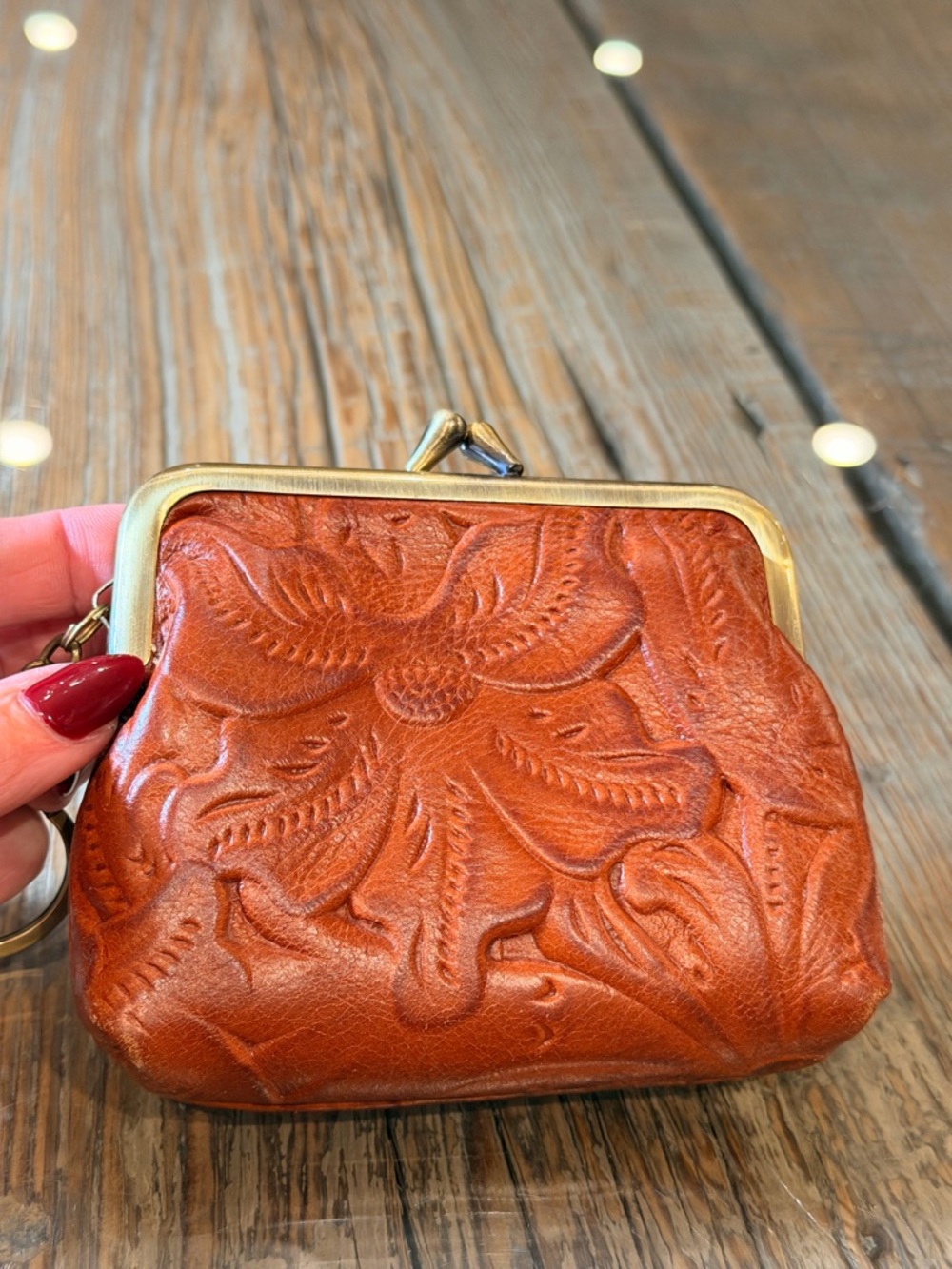 Patricia Nash Embossed Floral Coin Purse in Cognac Brown with Gold Frame